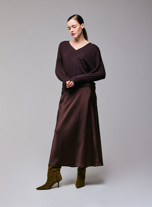 Sudadera marrón de manga larga y manga larga con cuello de pico y elastano - MAJESTIC FILATURES