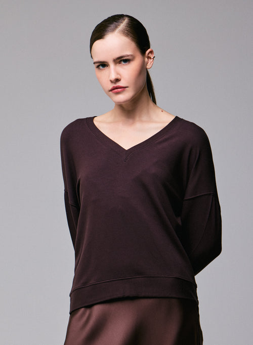 Brown V-neck long-sleeved viscose / elastane sweatshirt - MAJESTIC FILATURES