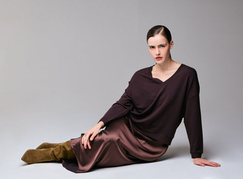 Sudadera marrón de manga larga y manga larga con cuello de pico y elastano - MAJESTIC FILATURES