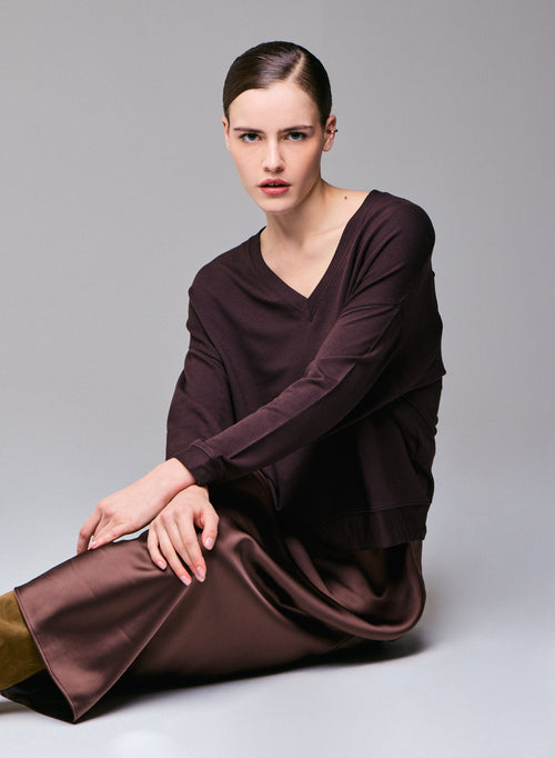 Sudadera marrón de manga larga y manga larga con cuello de pico y elastano - MAJESTIC FILATURES