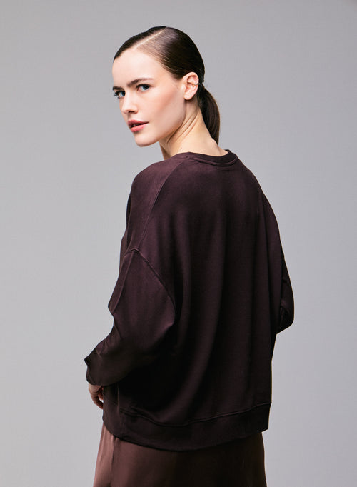 Sudadera marrón de manga larga y manga larga con cuello de pico y elastano - MAJESTIC FILATURES