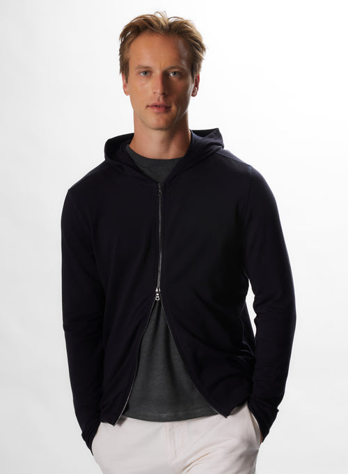 Sweat Marine Col Capuche Manches Longues en Viscose et Élasthanne - MAJESTIC FILATURES