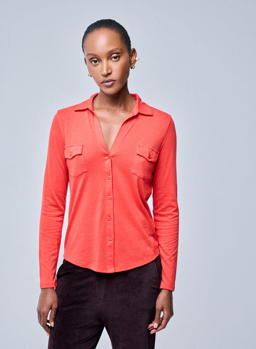 Camisa Naranja Camisa de Manga Larga en Algodón Orgánico / Cachemira - MAJESTIC FILATURES