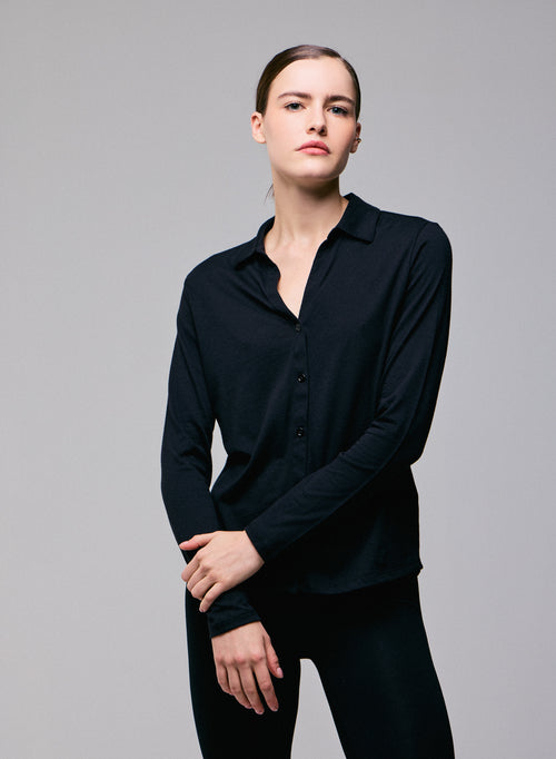 Camisa negra Camisa de manga larga en algodón orgánico / cachemir - MAJESTIC FILATURES