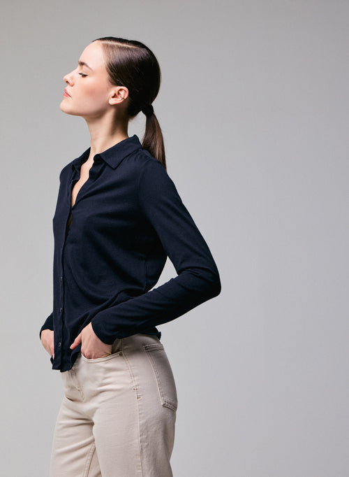 Navy Shirt Langarmshirt aus Bio-Baumwolle / Kaschmir - MAJESTIC FILATURES