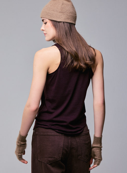 Purple sleeveless U-neck tank top in cotton / cashmere - MAJESTIC FILATURES