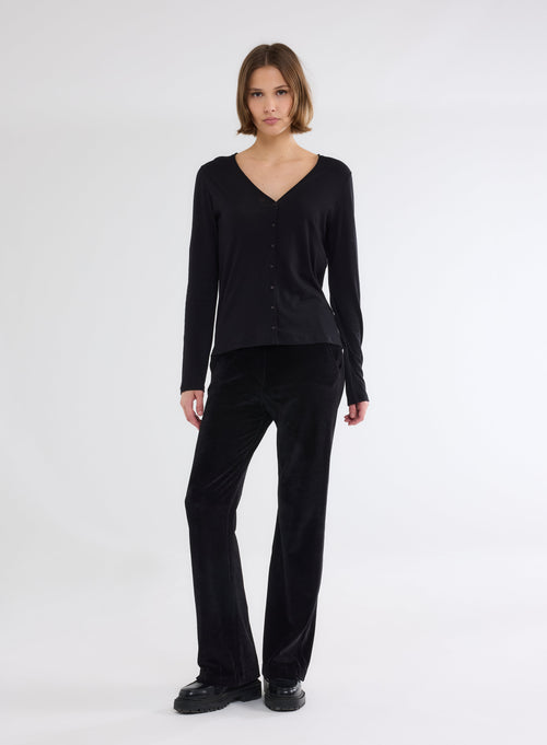 Black V-Neck Long Sleeve Cotton and Cashmere Vest - MAJESTIC FILATURES