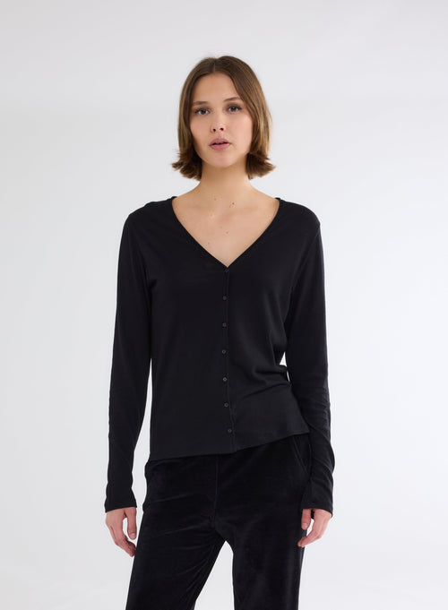 Black V-Neck Long Sleeve Cotton and Cashmere Vest - MAJESTIC FILATURES