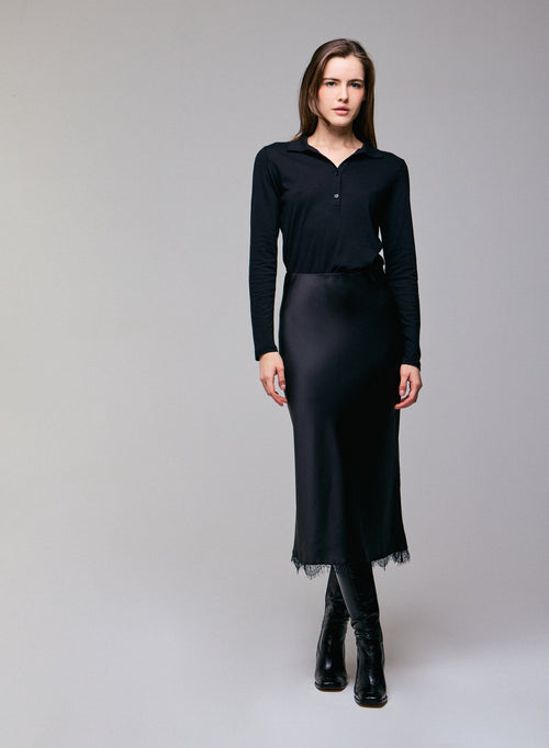 Polo negro de manga larga en algodón / cachemira - MAJESTIC FILATURES