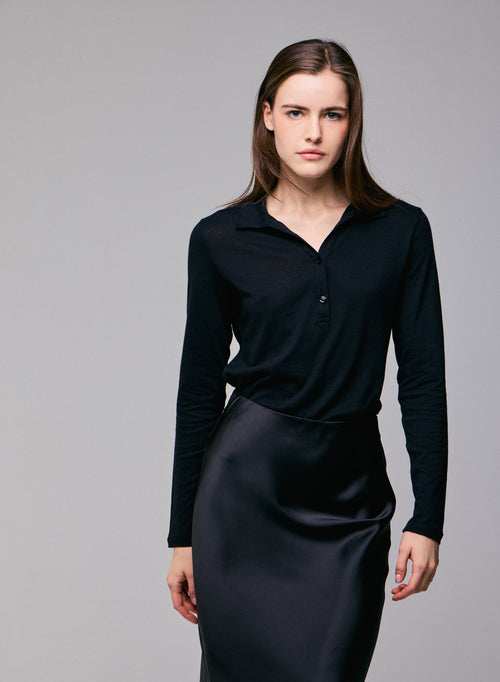 Polo negro de manga larga en algodón / cachemira - MAJESTIC FILATURES