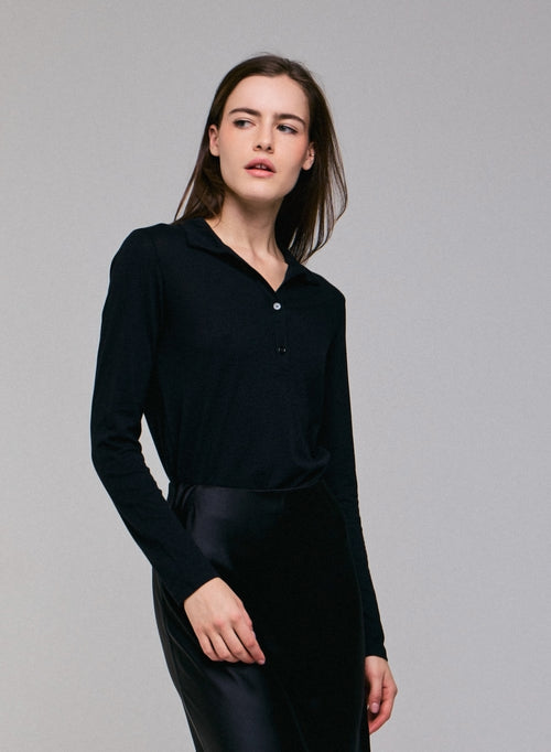 Polo negro de manga larga en algodón / cachemira - MAJESTIC FILATURES