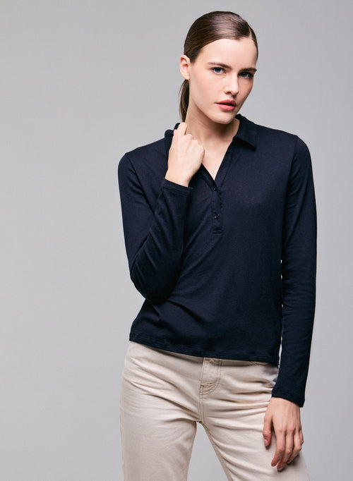 Polo azul marino Polo de manga larga en algodón / cachemir - MAJESTIC FILATURES