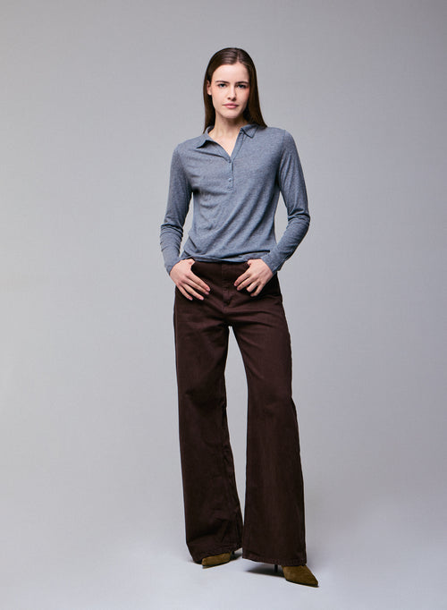 Grey polo shirt Polo shirt with long sleeves in cotton / cashmere - MAJESTIC FILATURES