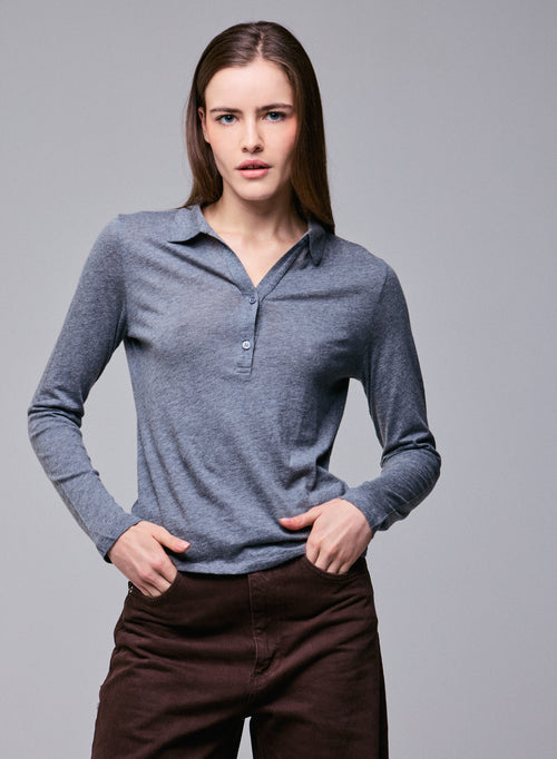 Grey polo shirt Polo shirt with long sleeves in cotton / cashmere - MAJESTIC FILATURES