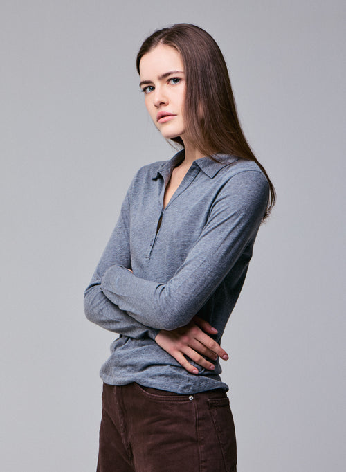 Grey polo shirt Polo shirt with long sleeves in cotton / cashmere - MAJESTIC FILATURES