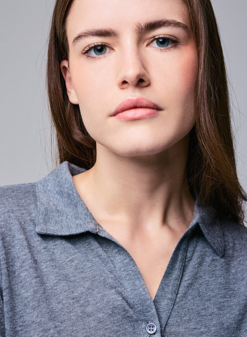 Grey polo shirt Polo shirt with long sleeves in cotton / cashmere - MAJESTIC FILATURES