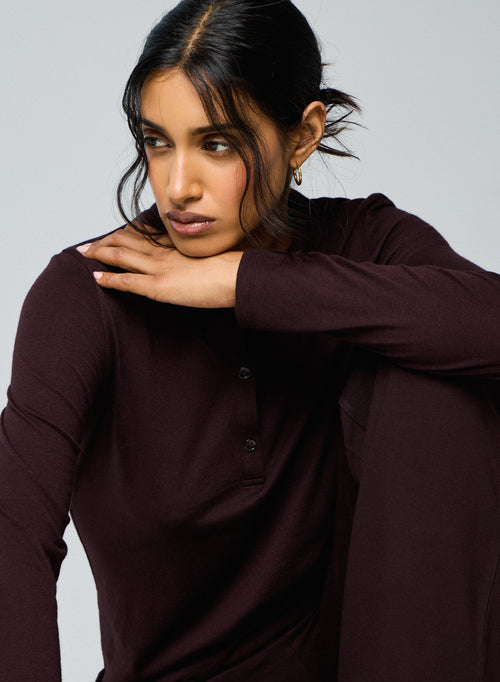 Aubergine long-sleeved polo shirt in cotton / cashmere - MAJESTIC FILATURES