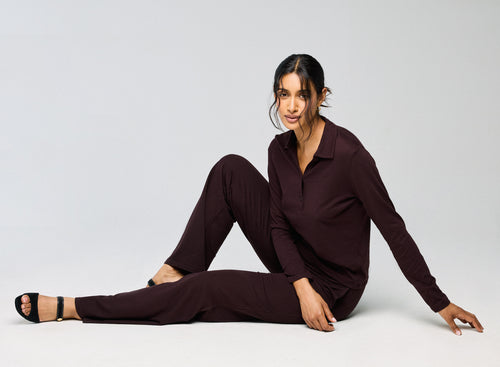 Aubergine long-sleeved polo shirt in cotton / cashmere - MAJESTIC FILATURES