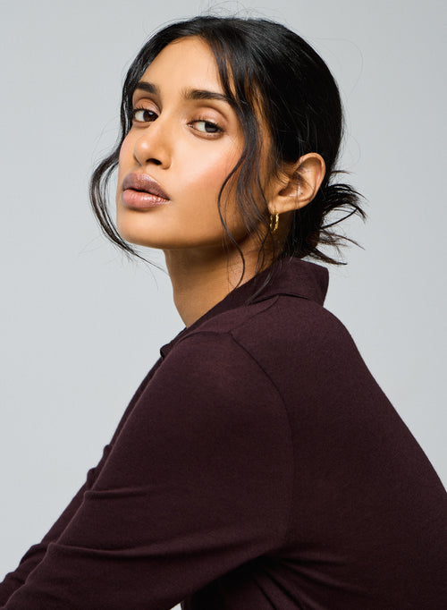 Aubergine long-sleeved polo shirt in cotton / cashmere - MAJESTIC FILATURES