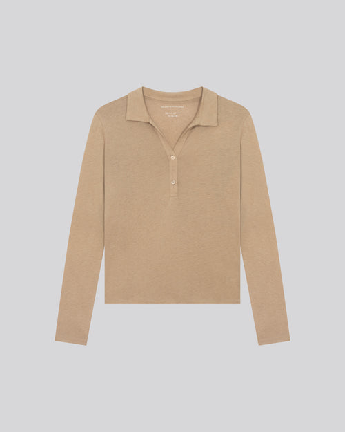 Beige Polo Shirt Long Sleeve Cotton / Cashmere Polo Shirt - MAJESTIC FILATURES