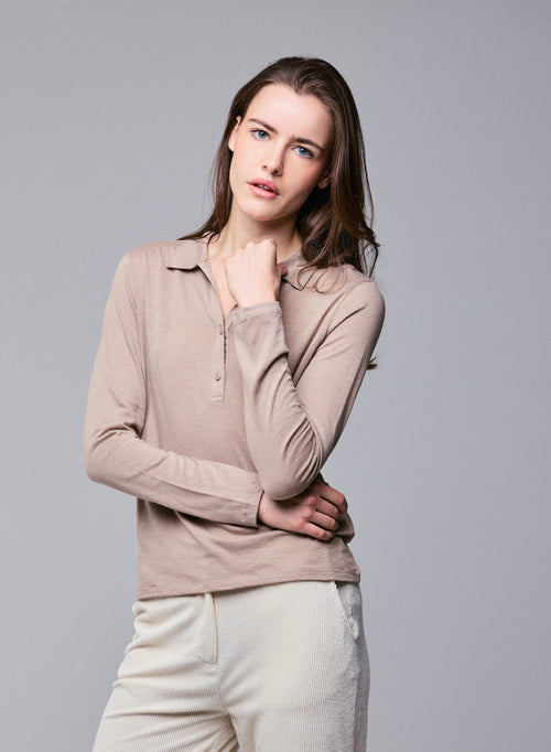 Beige Polo Shirt Long Sleeve Cotton / Cashmere Polo Shirt - MAJESTIC FILATURES