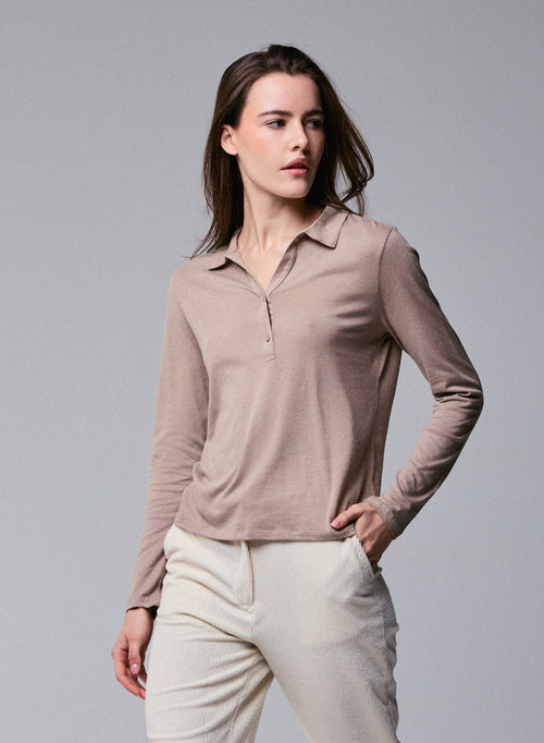 Beige Polo Shirt Long Sleeve Cotton / Cashmere Polo Shirt - MAJESTIC FILATURES