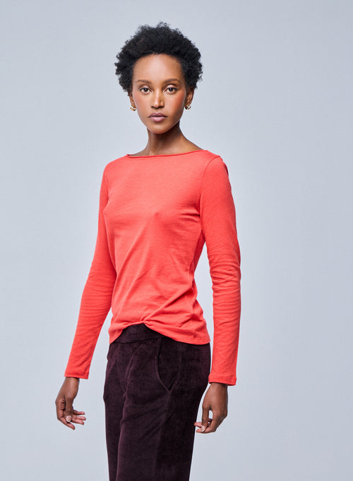Orange T-shirt with long sleeve boat neck in organic cotton / cashmere - MAJESTIC FILATURES