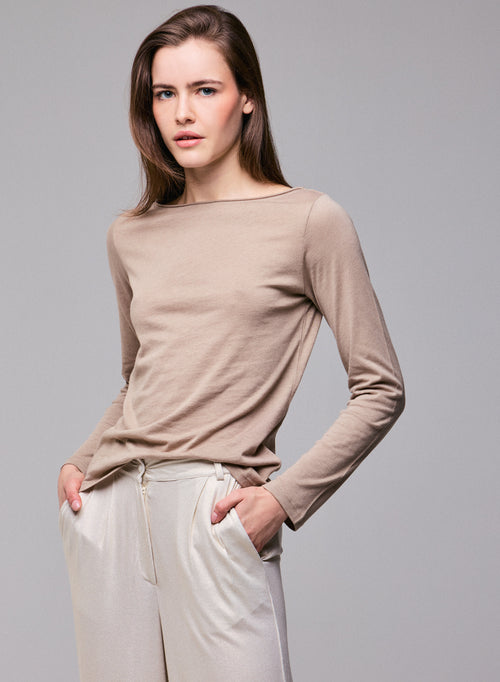T-shirt Beige Col Bateau Manches Longues en Coton Organique / Cachemire - MAJESTIC FILATURES