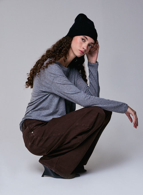 Camiseta de manga larga con cuello barco gris en algodón / cachemira - MAJESTIC FILATURES