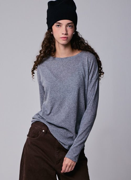 Camiseta de manga larga con cuello barco gris en algodón / cachemira - MAJESTIC FILATURES