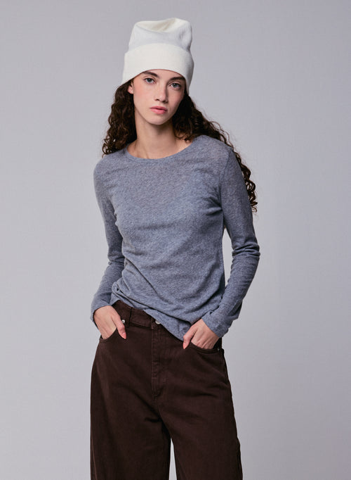 Grey Round Neck Long Sleeves T-shirt in Organic Cotton / Cashmere - MAJESTIC FILATURES