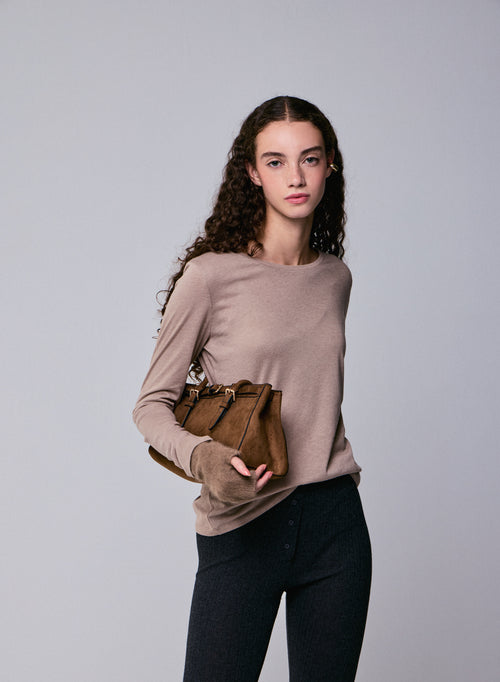 Beige Round Neck Long Sleeve T-Shirt in Organic Cotton and Cashmere - MAJESTIC FILATURES