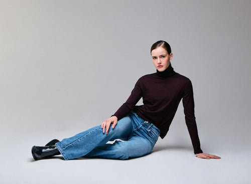 Lila langärmeliges Rollkragen-T-Shirt aus Bio-Baumwolle / Kaschmir - MAJESTIC FILATURES