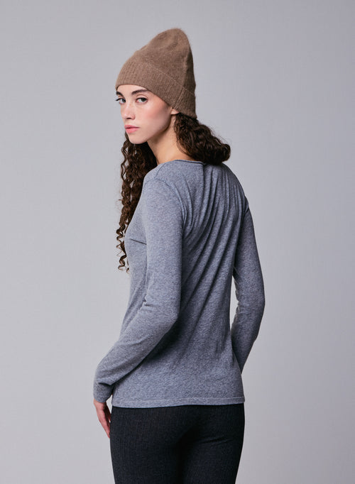 Camiseta de manga larga con cuello redondo gris en algodón orgánico / cachemir - MAJESTIC FILATURES