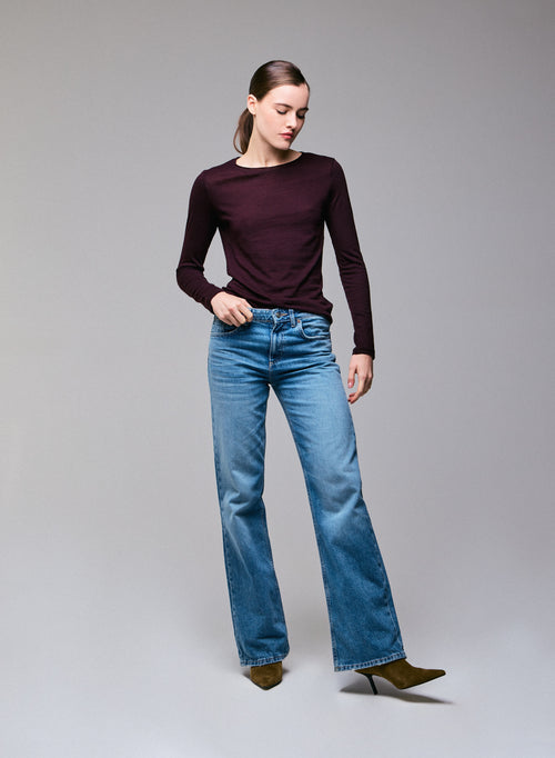 T-shirt Violet Col Rond Manches Longues en Coton et Cachemire - MAJESTIC FILATURES
