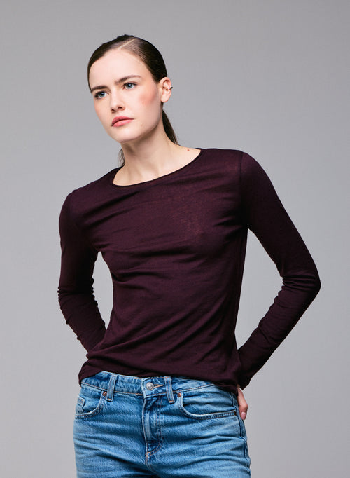 T-shirt Violet Col Rond Manches Longues en Coton et Cachemire - MAJESTIC FILATURES