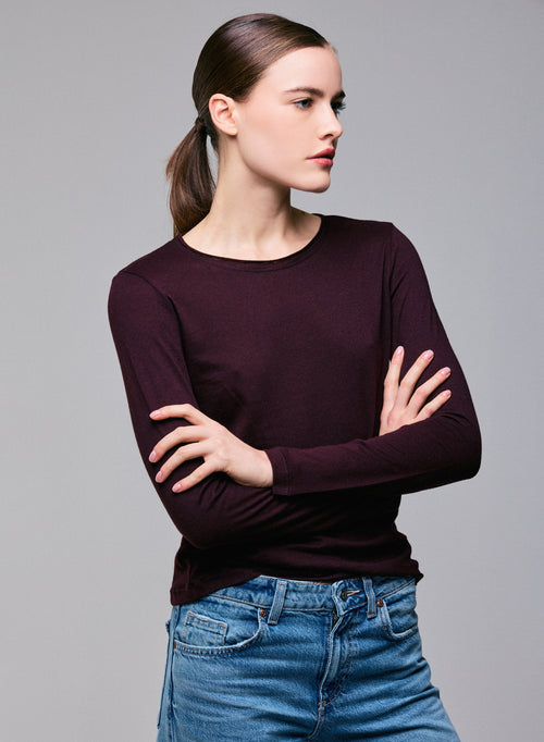 T-shirt Violet Col Rond Manches Longues en Coton et Cachemire - MAJESTIC FILATURES