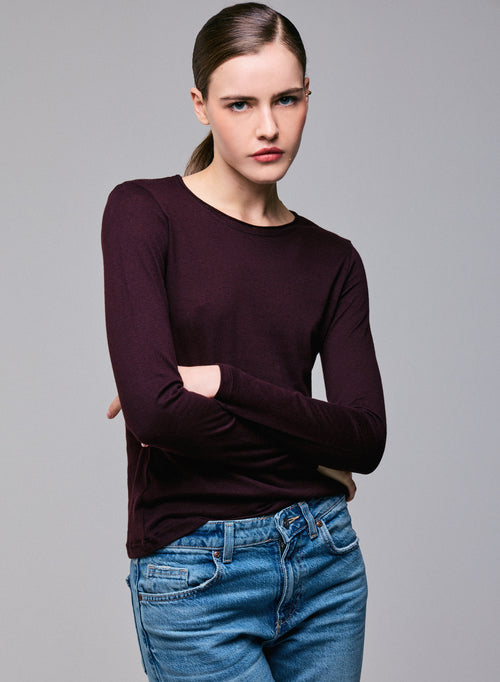 T-shirt Violet Col Rond Manches Longues en Coton et Cachemire - MAJESTIC FILATURES