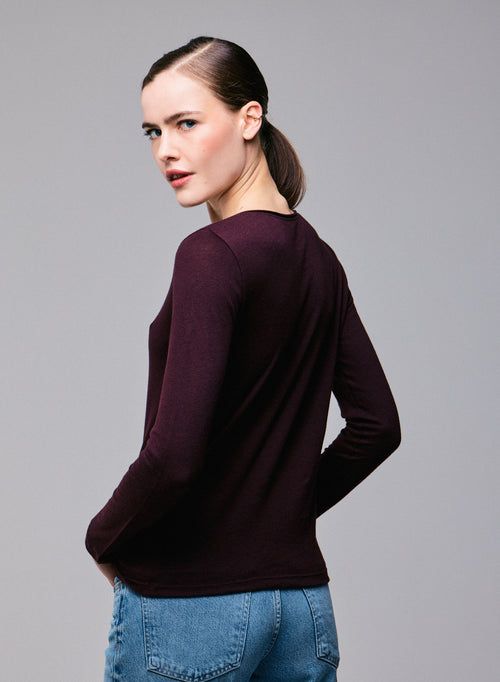 T-shirt Violet Col Rond Manches Longues en Coton et Cachemire - MAJESTIC FILATURES
