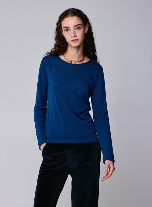 Camiseta de manga larga con cuello redondo azul en algodón orgánico / cachemir - MAJESTIC FILATURES