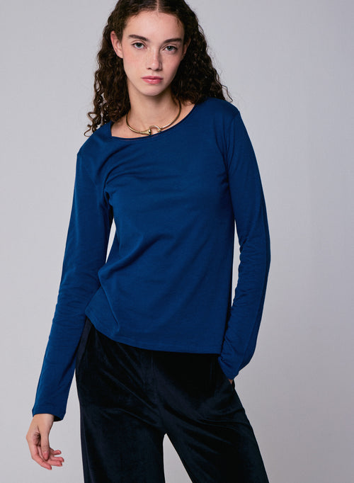 Camiseta de manga larga con cuello redondo azul en algodón orgánico / cachemir - MAJESTIC FILATURES
