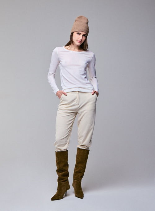 T-shirt Blanc lait Col Rond Manches Longues en Coton et Cachemire - MAJESTIC FILATURES
