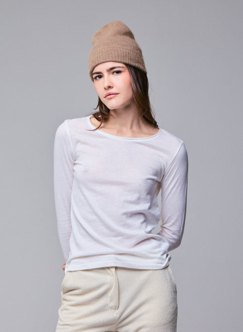 T-shirt Blanc lait Col Rond Manches Longues en Coton et Cachemire - MAJESTIC FILATURES