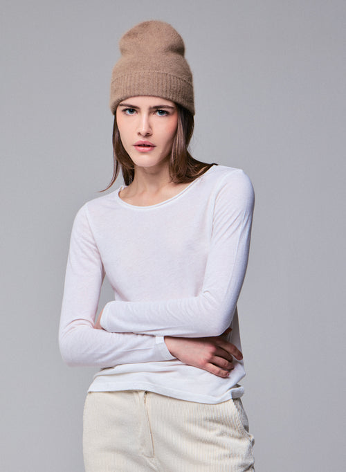 T-shirt Blanc lait Col Rond Manches Longues en Coton et Cachemire - MAJESTIC FILATURES