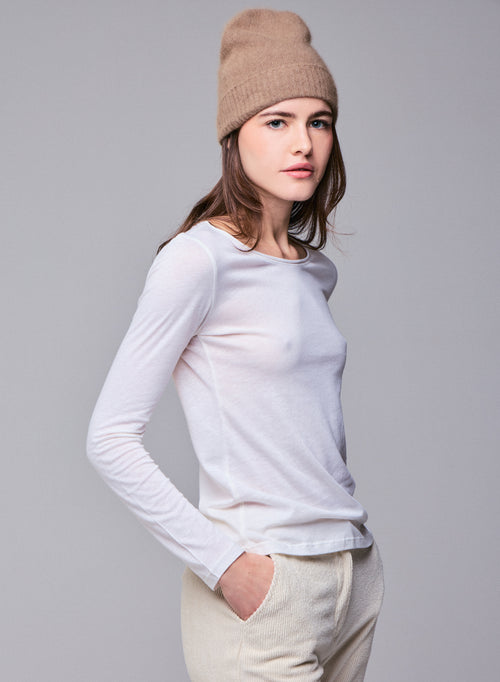 T-shirt Blanc lait Col Rond Manches Longues en Coton et Cachemire - MAJESTIC FILATURES