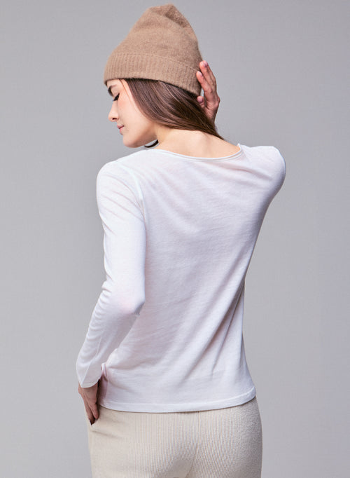 T-shirt Blanc lait Col Rond Manches Longues en Coton et Cachemire - MAJESTIC FILATURES