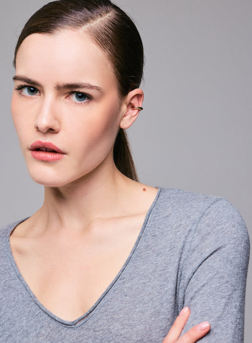 Heather Grey V-Neck Long Sleeves T-shirt in Cotton and Cashmere  - MAJESTIC FILATURES