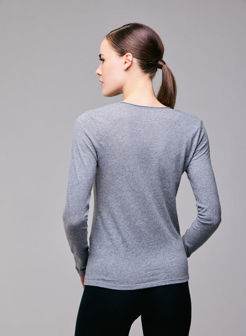 Heather Grey V-Neck Long Sleeves T-shirt in Cotton and Cashmere  - MAJESTIC FILATURES