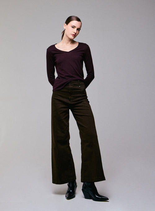 Purple V-neck Long Sleeves T-shirt in Cotton and Cashmere - MAJESTIC FILATURES