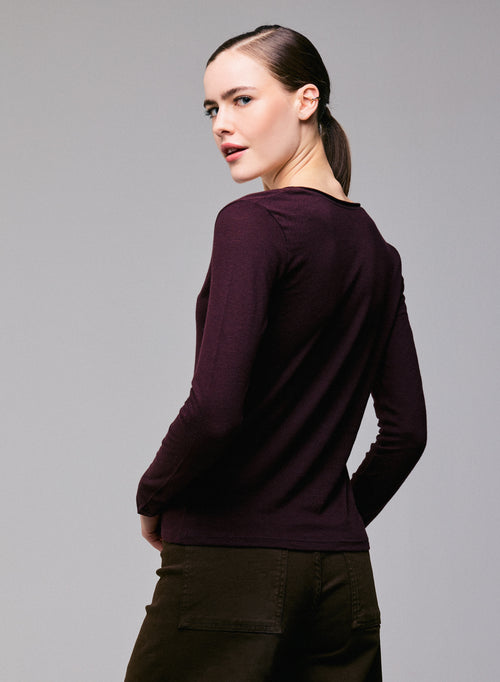 Purple V-neck Long Sleeves T-shirt in Cotton and Cashmere - MAJESTIC FILATURES